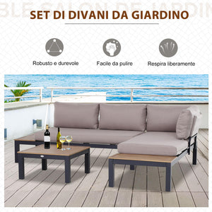 Set da Giardino Divano Angolare e Tavolino in Alluminio Grigio