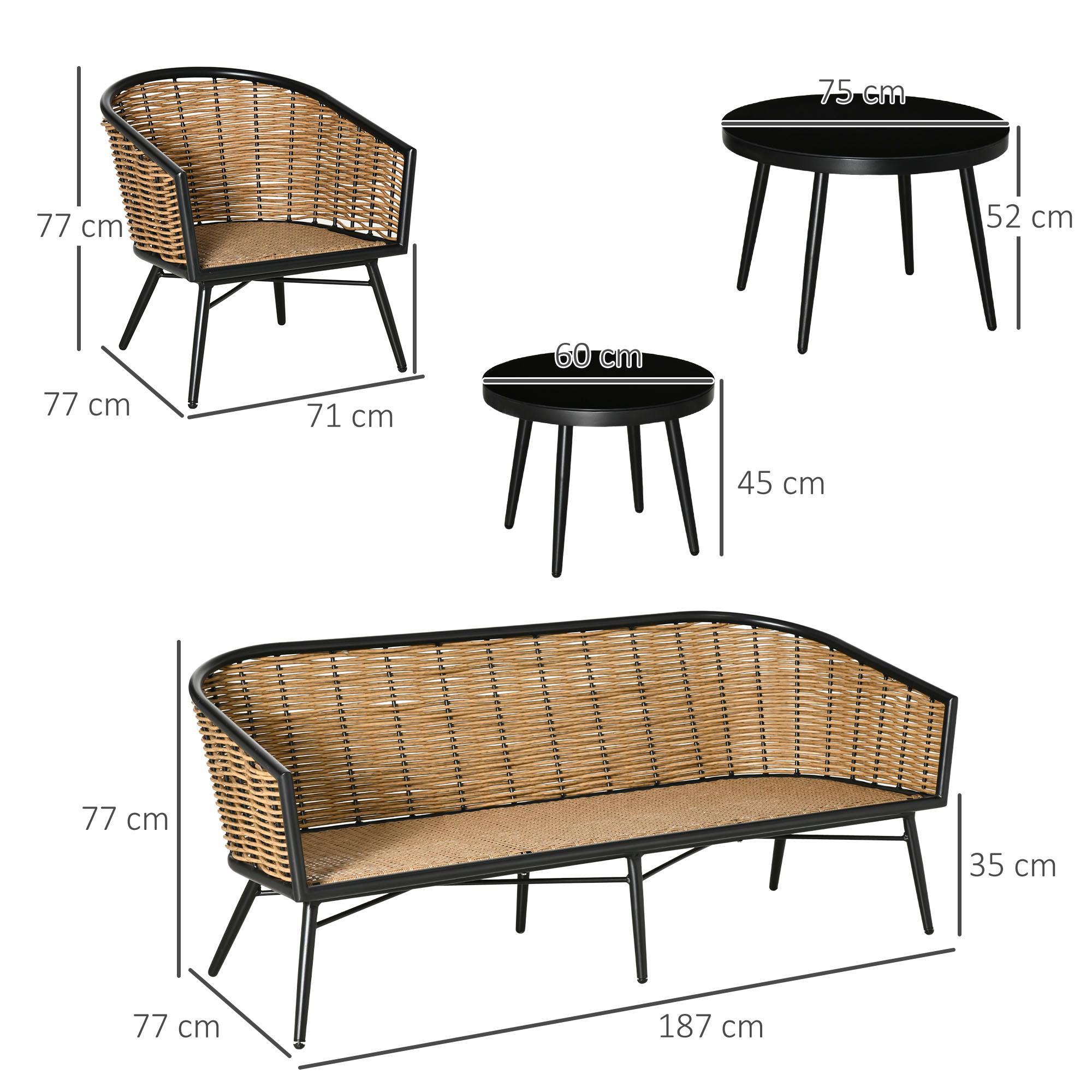 Set da Giardino Divano 2 Poltrone e 2 Tavolini Nero e Rattan