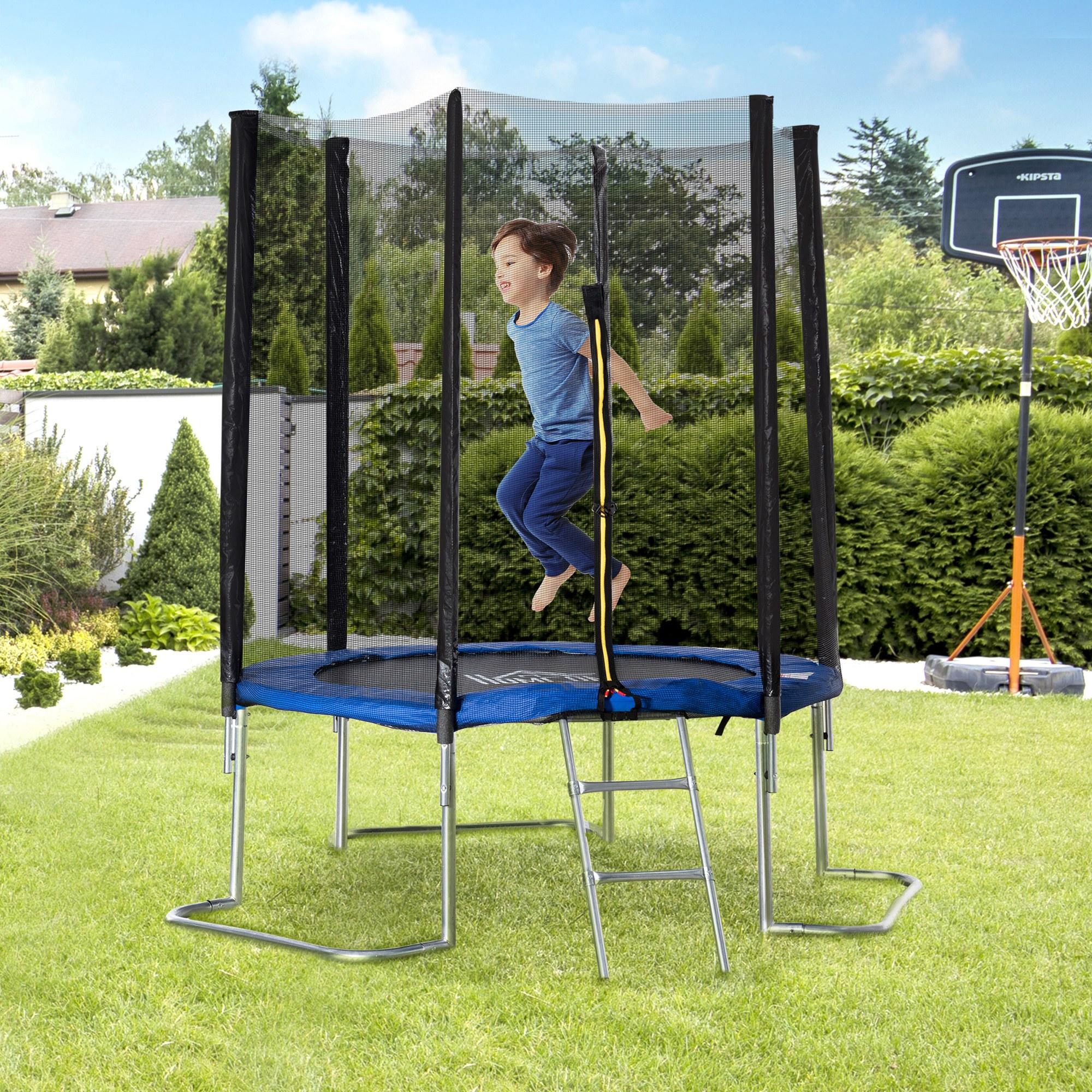 Trampolino Tappeto Elastico per Adulti Ø223x230 cm in con Rete di Sicurezza Blu