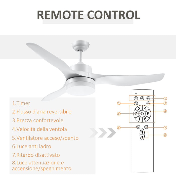 Ventilatore da Soffitto 3 Pale e Lampada LED Ø132x40 cm 6 Velocità Bianco