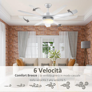 Ventilatore da Soffitto 3 Pale e Lampada LED Ø132x40 cm 6 Velocità Bianco