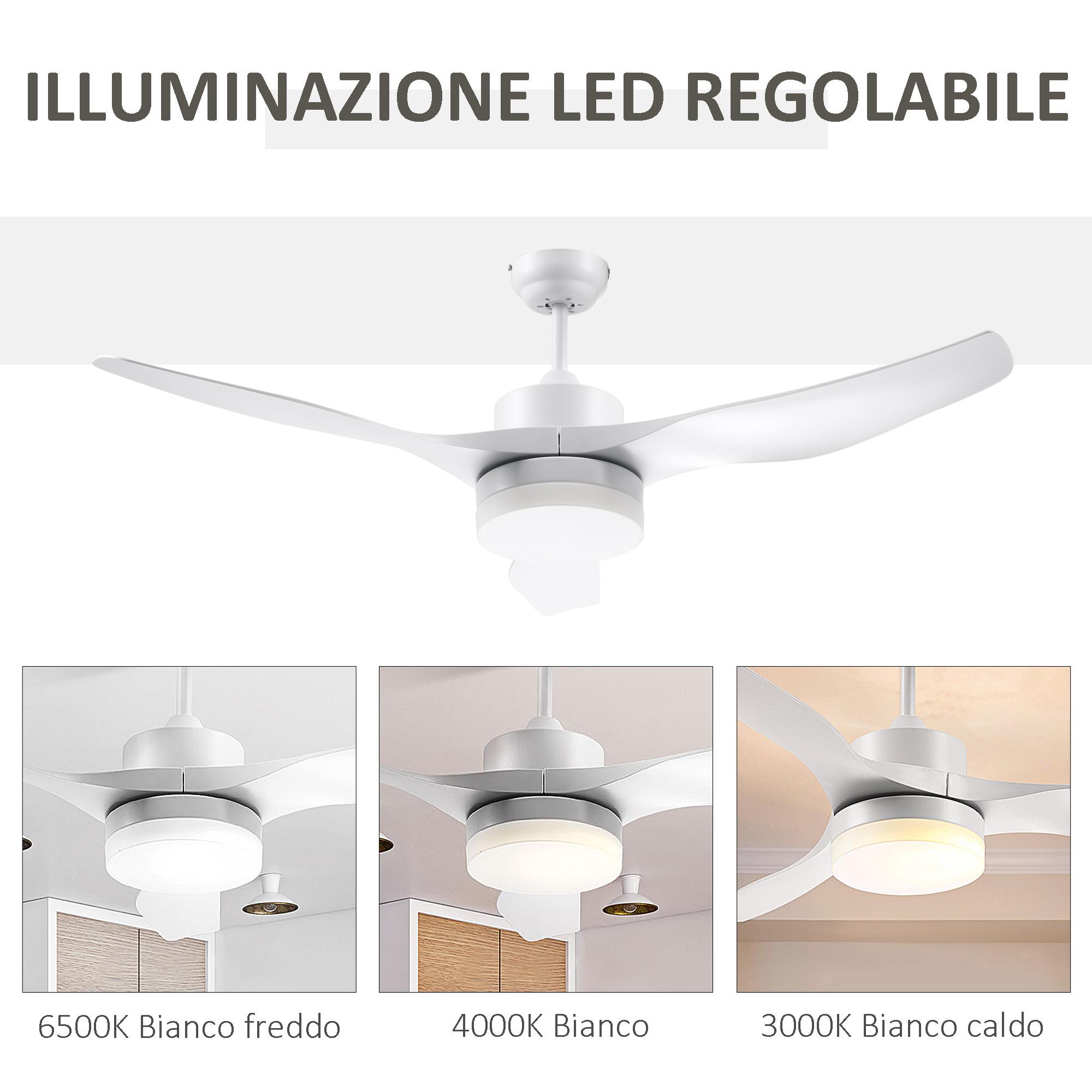 Ventilatore da Soffitto 3 Pale e Lampada LED Ø132x40 cm 6 Velocità Bianco