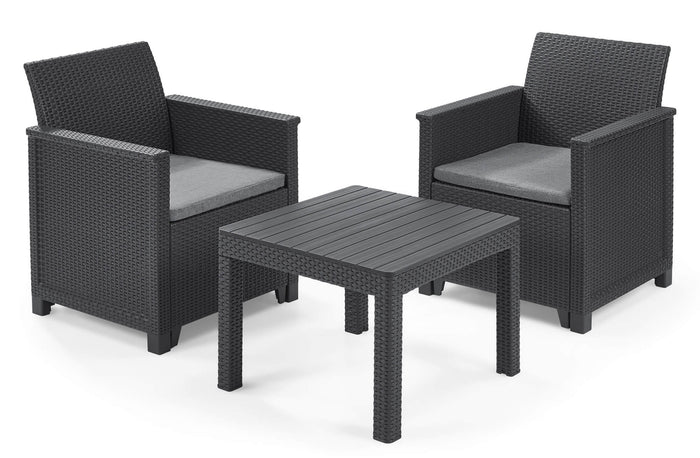 Set Tavolino e 2 Poltrone da Giardino Effetto Rattan Keter Emma Balcony Antracite