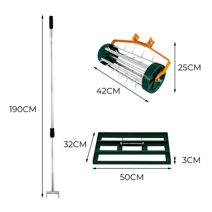 Set 2-in-1 Arieggiatore e Livellatore Prato - Verde, Acciaio Zincato, Manico 190cm