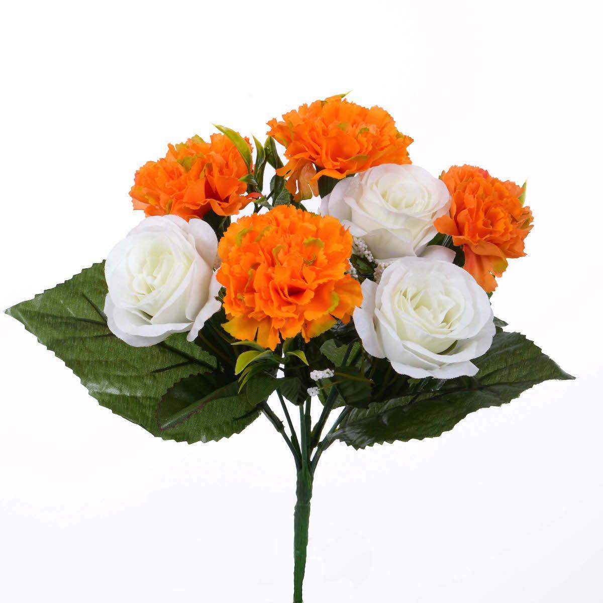 Set 6 Bouquet Artificiali di Rose e Garofani Altezza 32 cm Arancio