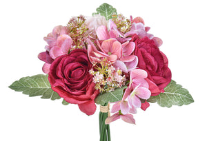 Set 3 Bouquet Artificiali Rose con Ortenzie Altezza 30 cm Rosa