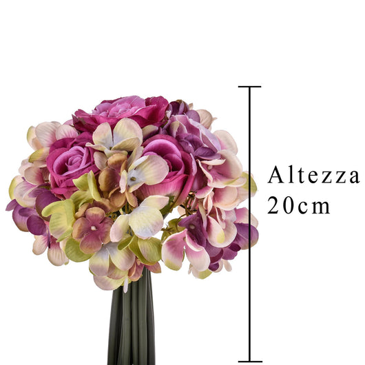 Set 3 Bouquet Artificiali Composto da 11 Fiori di Rose e Ortensie Altezza 20 cm Rosa