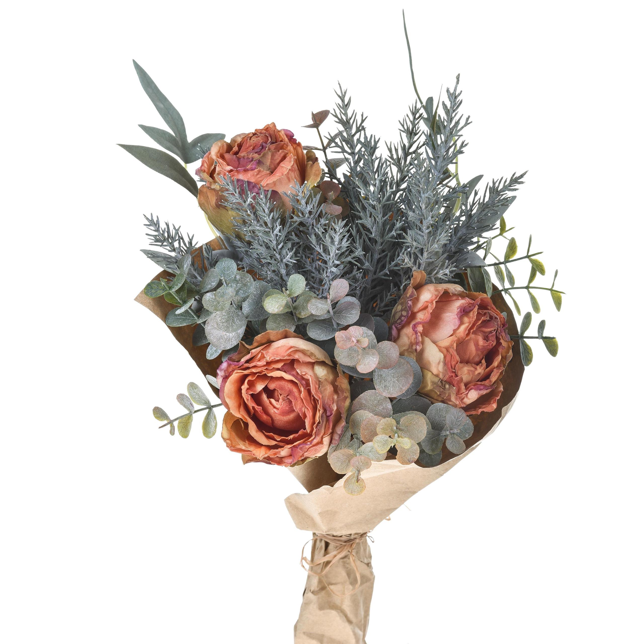 Set 4 Bouquet Artificiale Romantico con Rose Altezza 30 cm Arancio