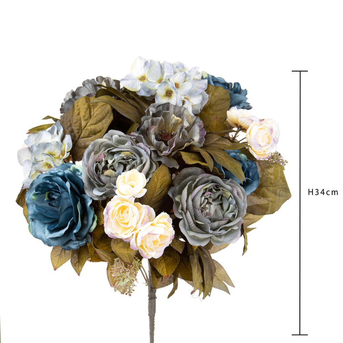 Set 2 Bouquet Artificiale Composta da Rose e Ortensie Altezza 34 cm Blu