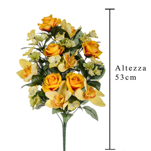 Set 2 Bouquet Artificiale Frontale di Rose e Cymbidium Altezza 53 cm Arancio