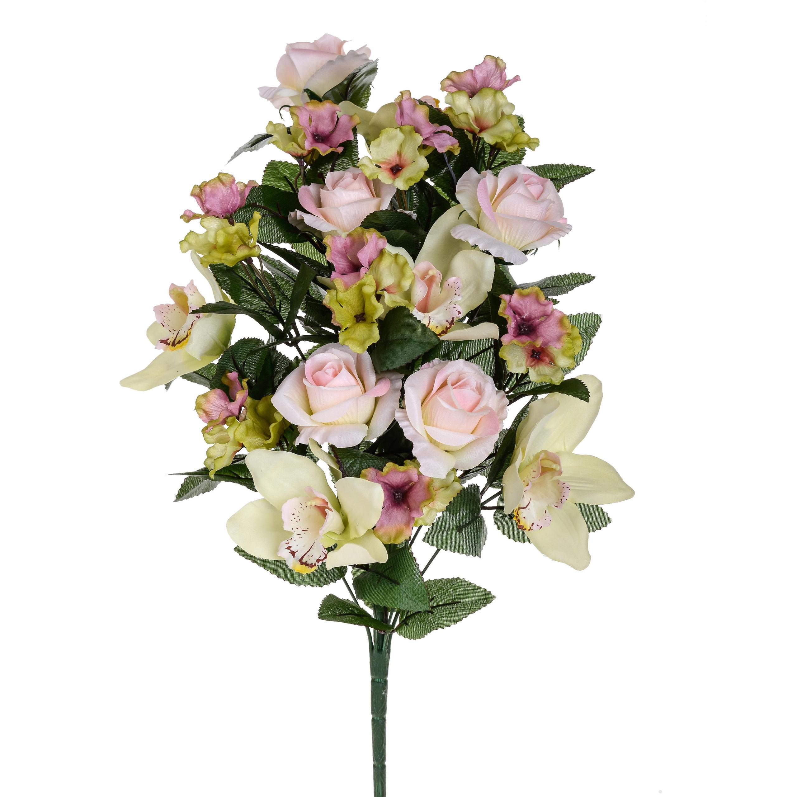 Set 2 Bouquet Artificiale Frontale di Rose e Cymbidium Altezza 53 cm Rosa