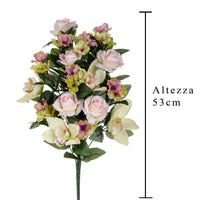 Set 2 Bouquet Artificiale Frontale di Rose e Cymbidium Altezza 53 cm Rosa