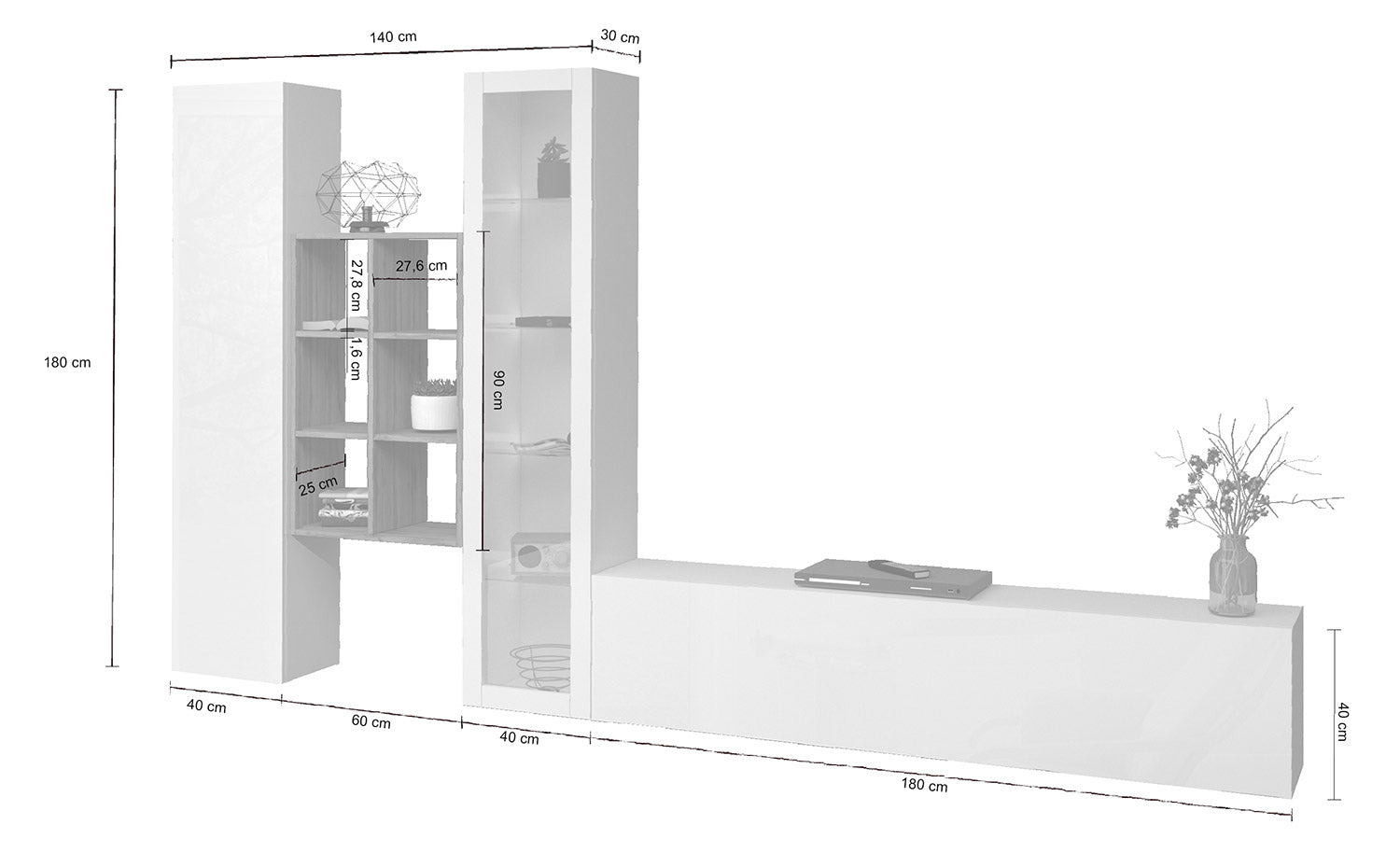 Parete Attrezzata Soggiorno 320x30x180 cm Maruska n°15 Bianco Lucido