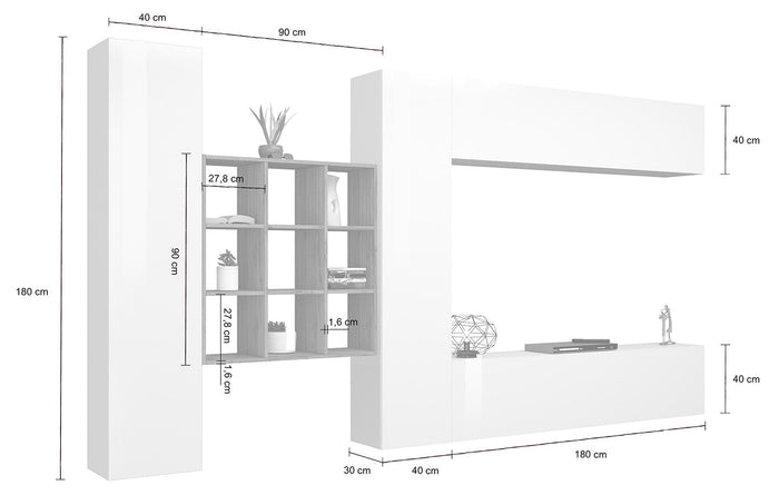 Parete Attrezzata Soggiorno 350x30x180 cm Maruska n°29 Bianco Lucido