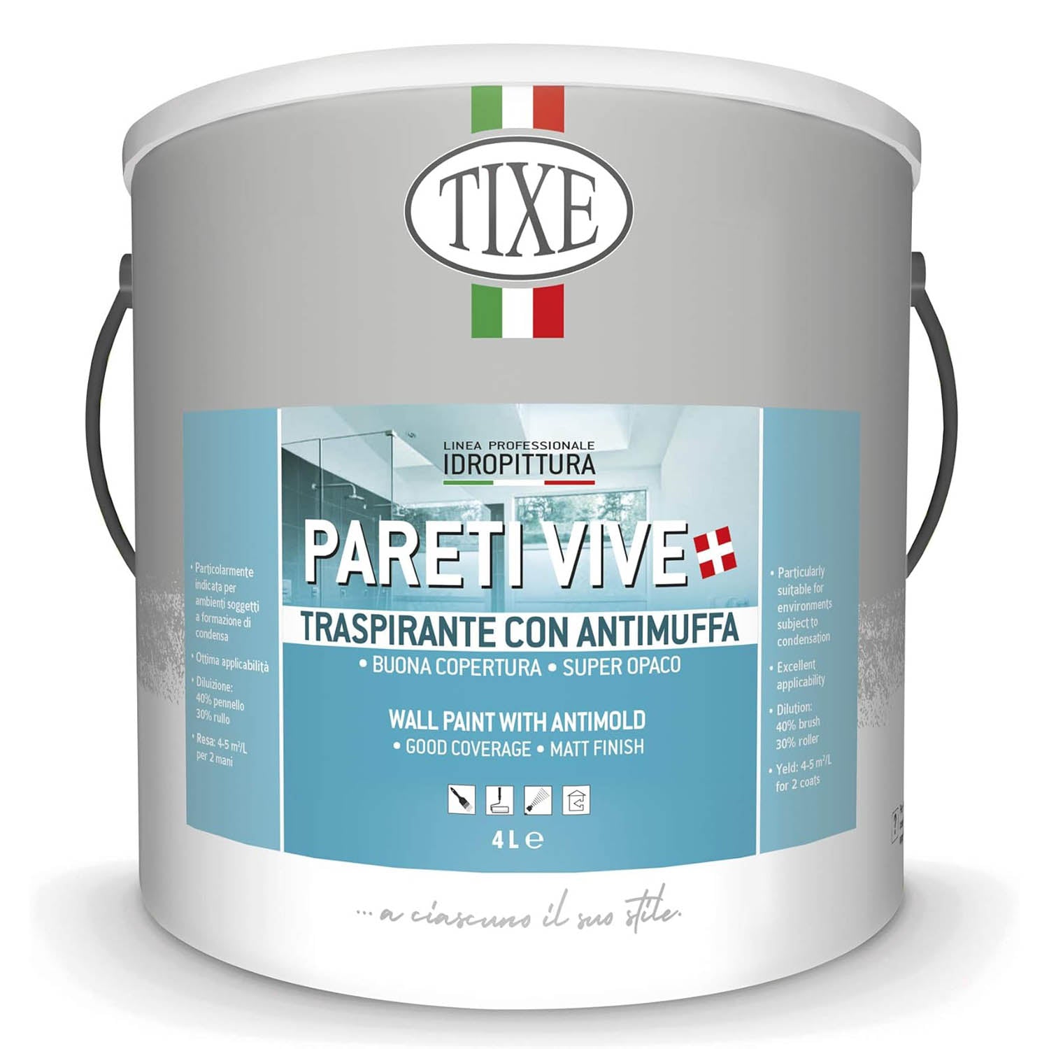 Pittura per interni Bianca Idropittura Murale Tixe Pareti vive Traspirante con Antimuffa 14 lt