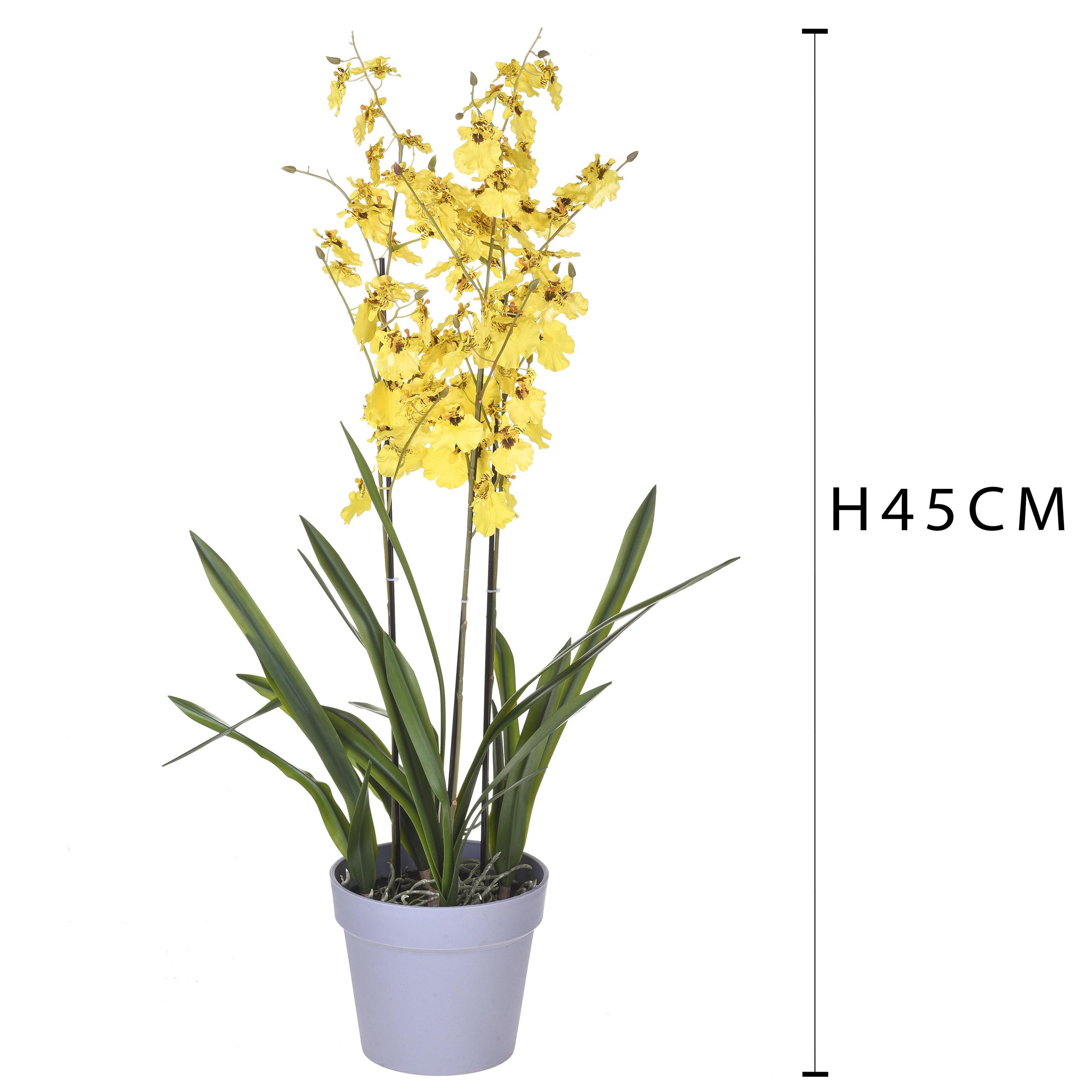 Orchidea Artificiali Oncidium a 3 Diramazioni con Vaso Altezza 45 cm Giallo