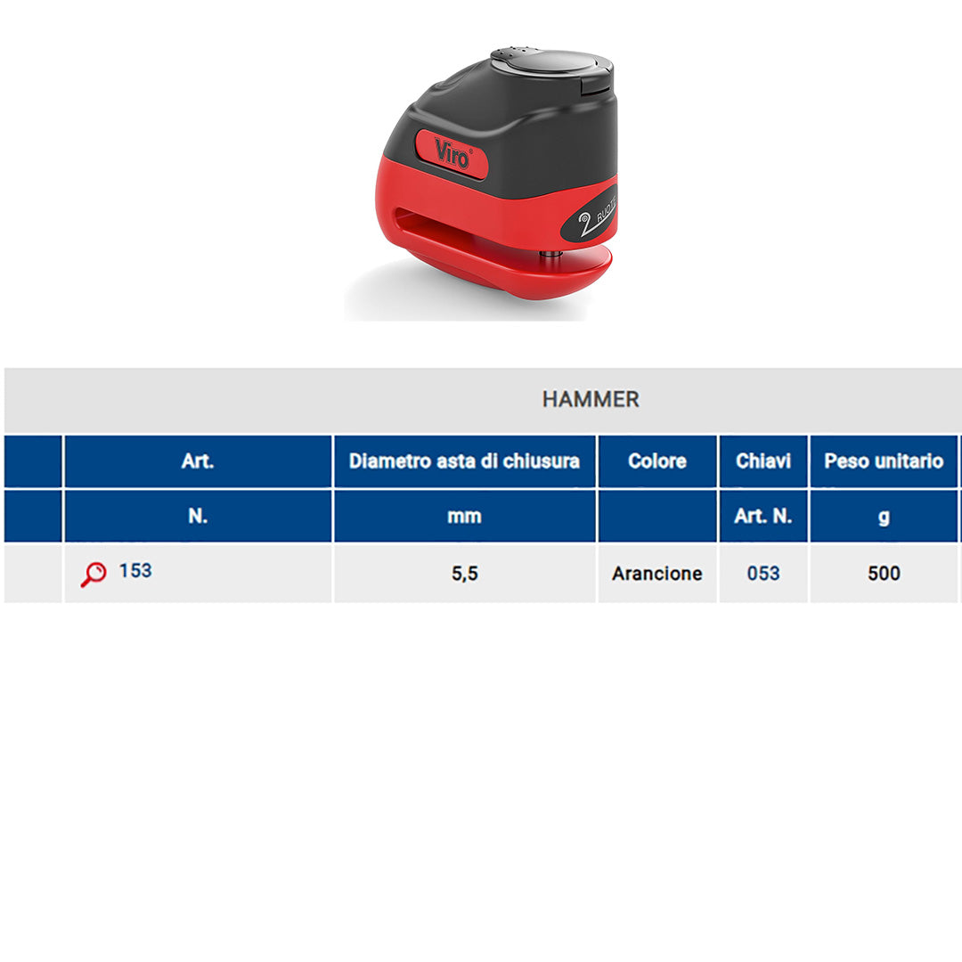 Blocca disco Bloccadisco arancione in acciaio temprato asta 10 mm Viro 153 Hammer