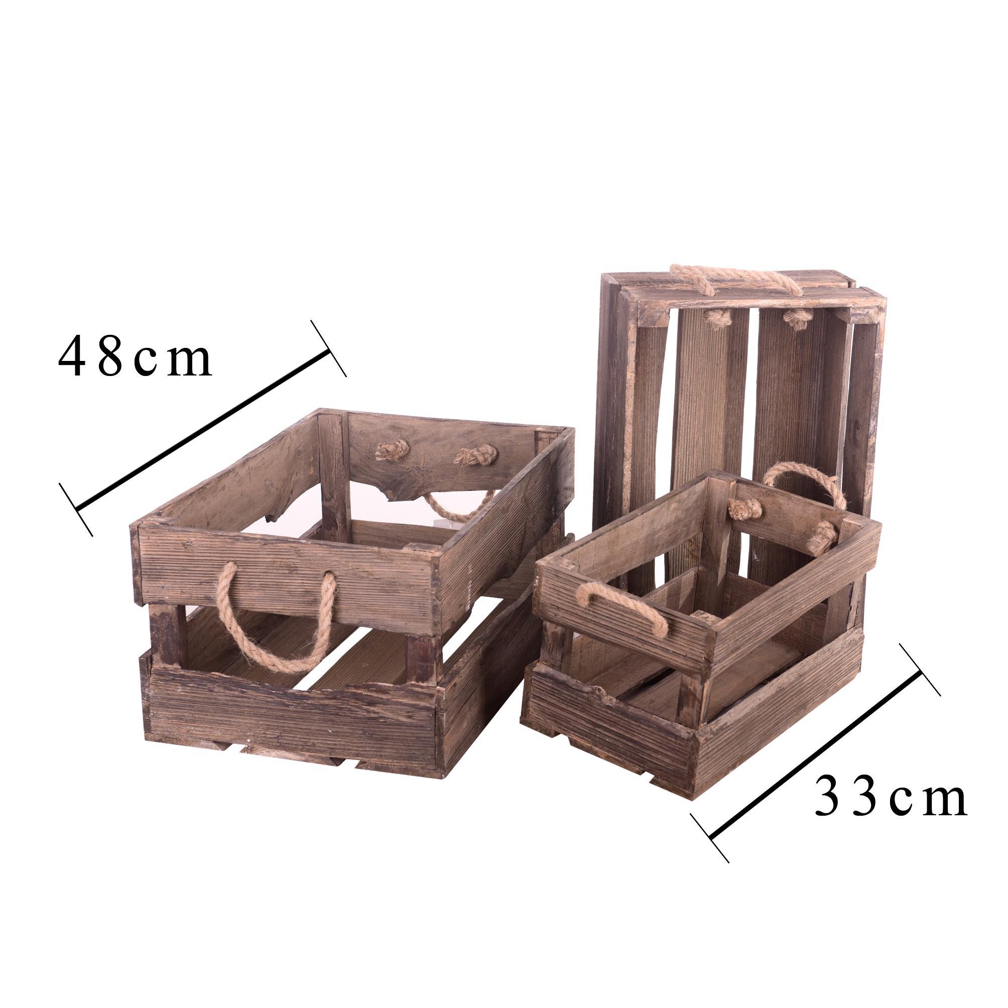 Set di 3 Cassetta in Legno con manici di corda Larghezza 48 cm