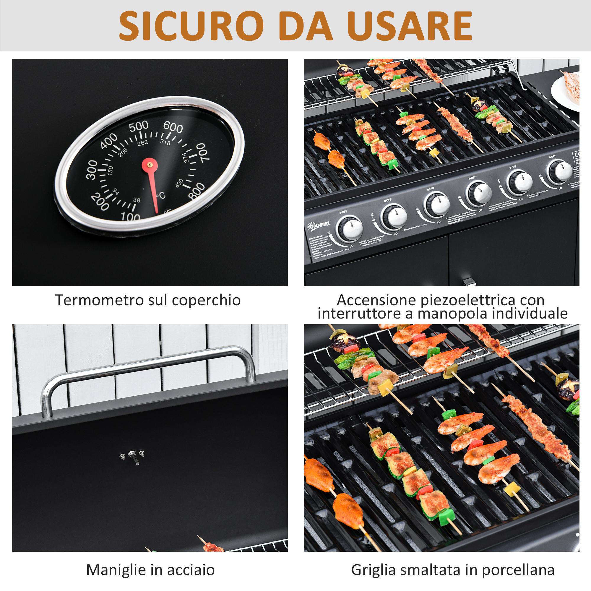 Barbecue a Gas GPL 7 Fuochi 135x50x100 cm con Fornello Laterale Nero