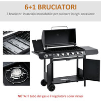 Barbecue a Gas GPL 7 Fuochi 135x50x100 cm con Fornello Laterale Nero