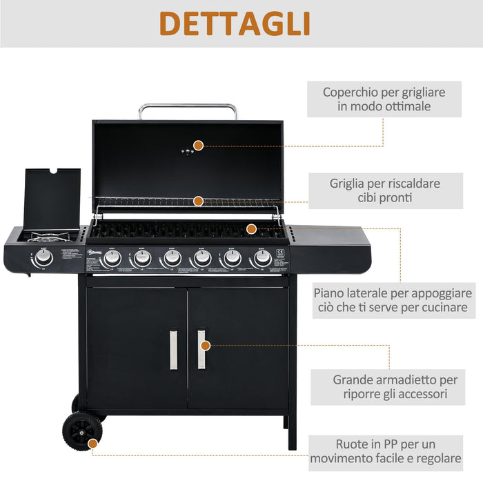 Barbecue a Gas GPL 7 Fuochi 135x50x100 cm con Fornello Laterale Nero