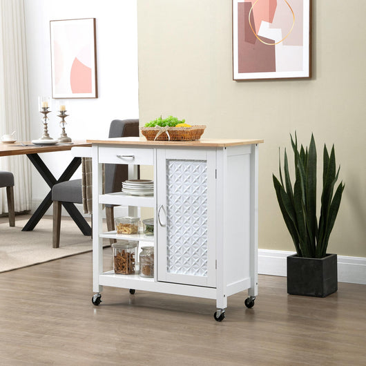 Carrello da Cucina 92x40x84 cm 1 Cassetto 1 Armadietto 3 Ripiani in MDF e Acciaio Bianco