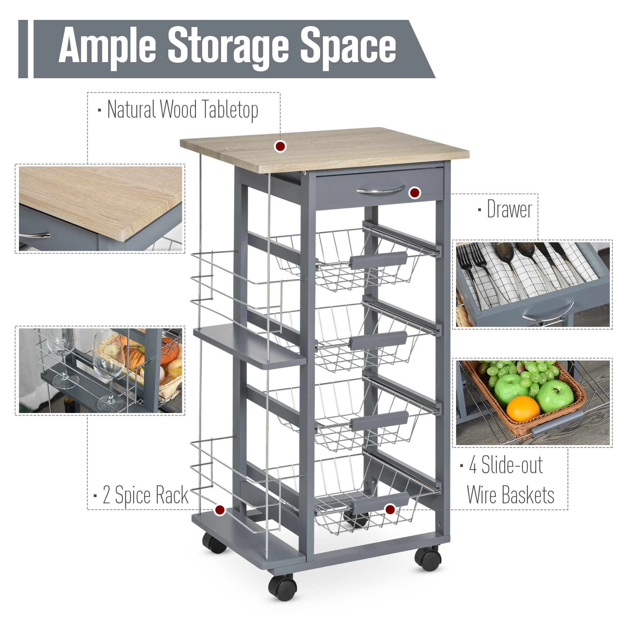 Carrello da Cucina 47x37x83 cm 1 Cassetto 4 Cestelli Ripiani Portaspezie Grigio