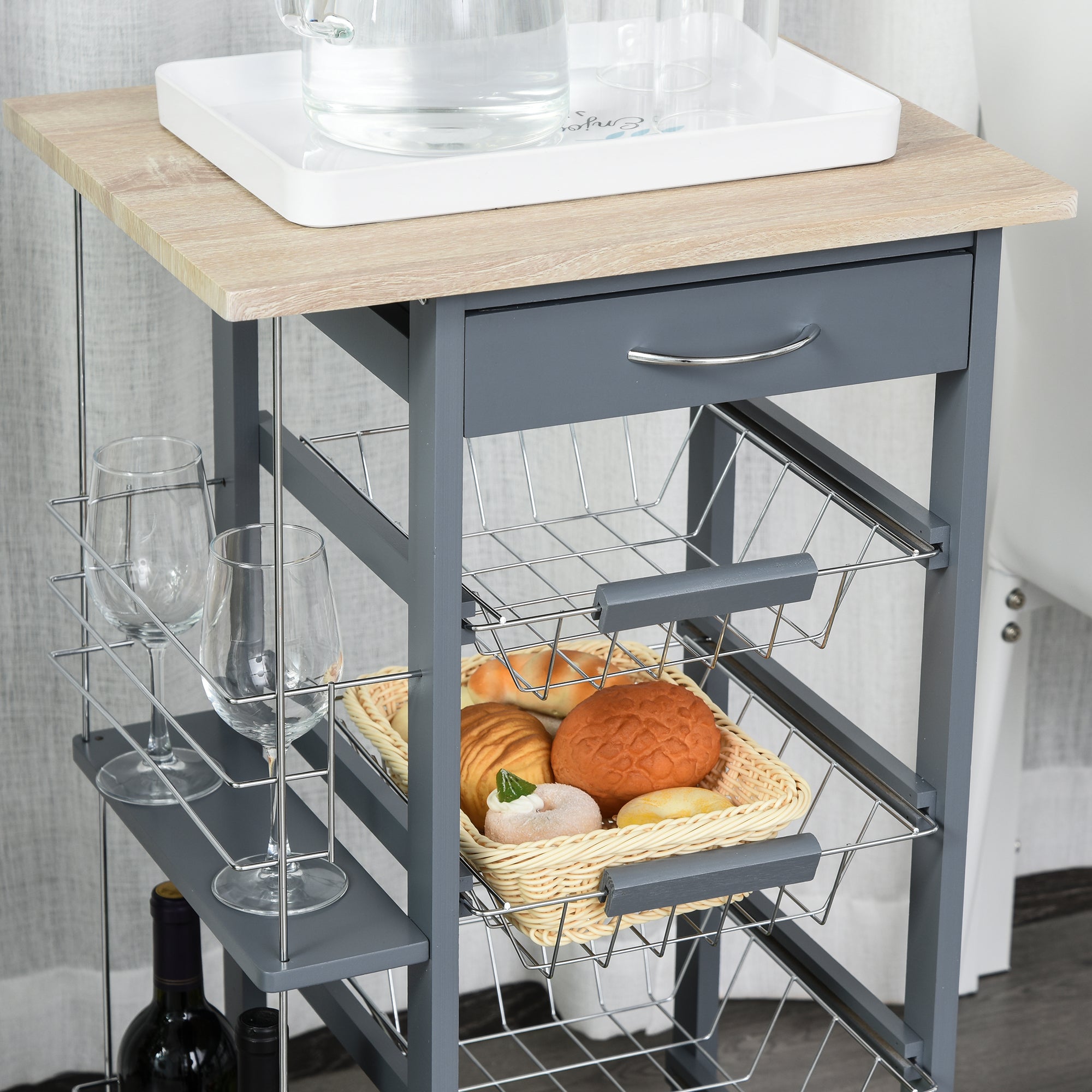 Carrello da Cucina 47x37x83 cm 1 Cassetto 4 Cestelli Ripiani Portaspezie Grigio