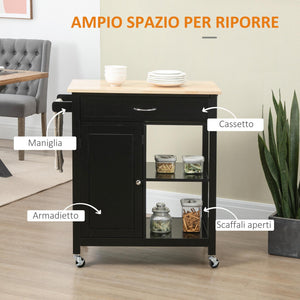 Carrello da Cucina 83x45x88 cm 1 Cassetto 1 Armadietto 2 Ripiani in MDF e Acciaio Nero