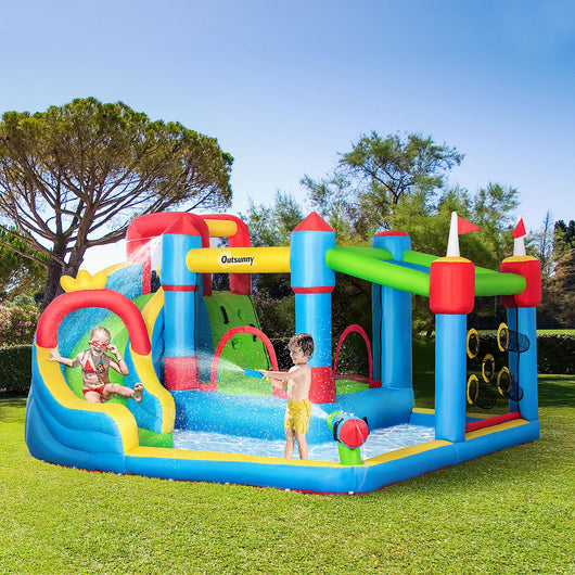 Castello Giostra Gonfiabile 390x300x197 cm con Scivolo Trampolino e Piscina Multicolore