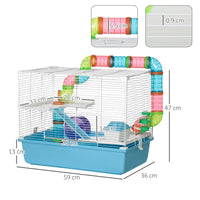 Gabbia per Criceti 3 Livelli 59x36x47 cm con Giochi in Acciaio Azzurro e Bianco