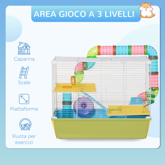 Gabbia per Criceti 3 Livelli 59x36x47 cm con Giochi in Acciaio Azzurro e Bianco