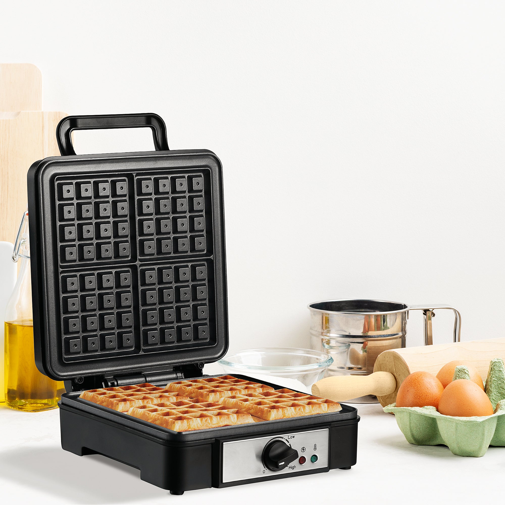 Macchina per Waffle 1200W Piastre Antiaderenti in Acciaio Nero