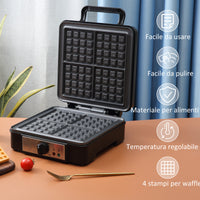 Macchina per Waffle 1200W Piastre Antiaderenti in Acciaio Nero