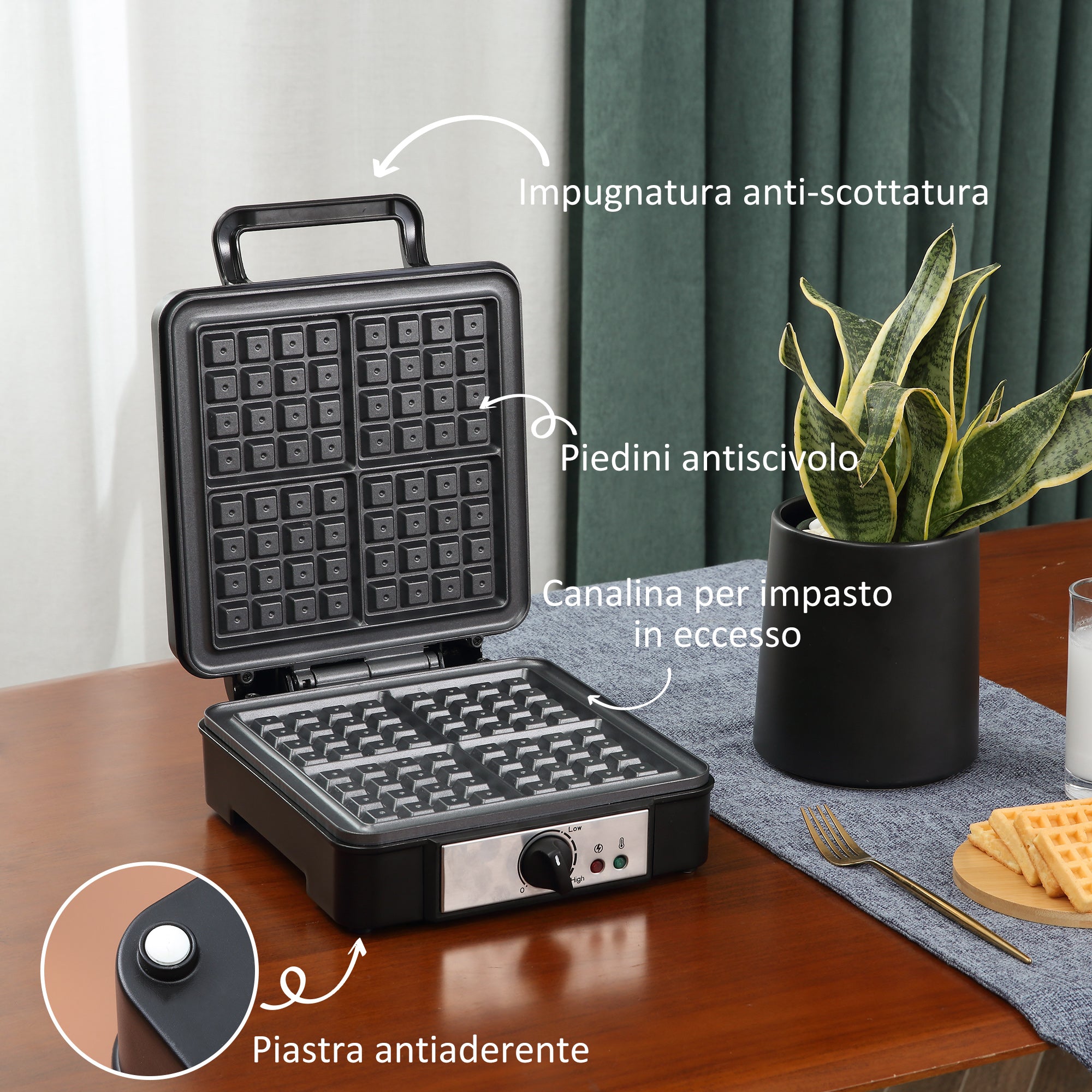 Macchina per Waffle 1200W Piastre Antiaderenti in Acciaio Nero