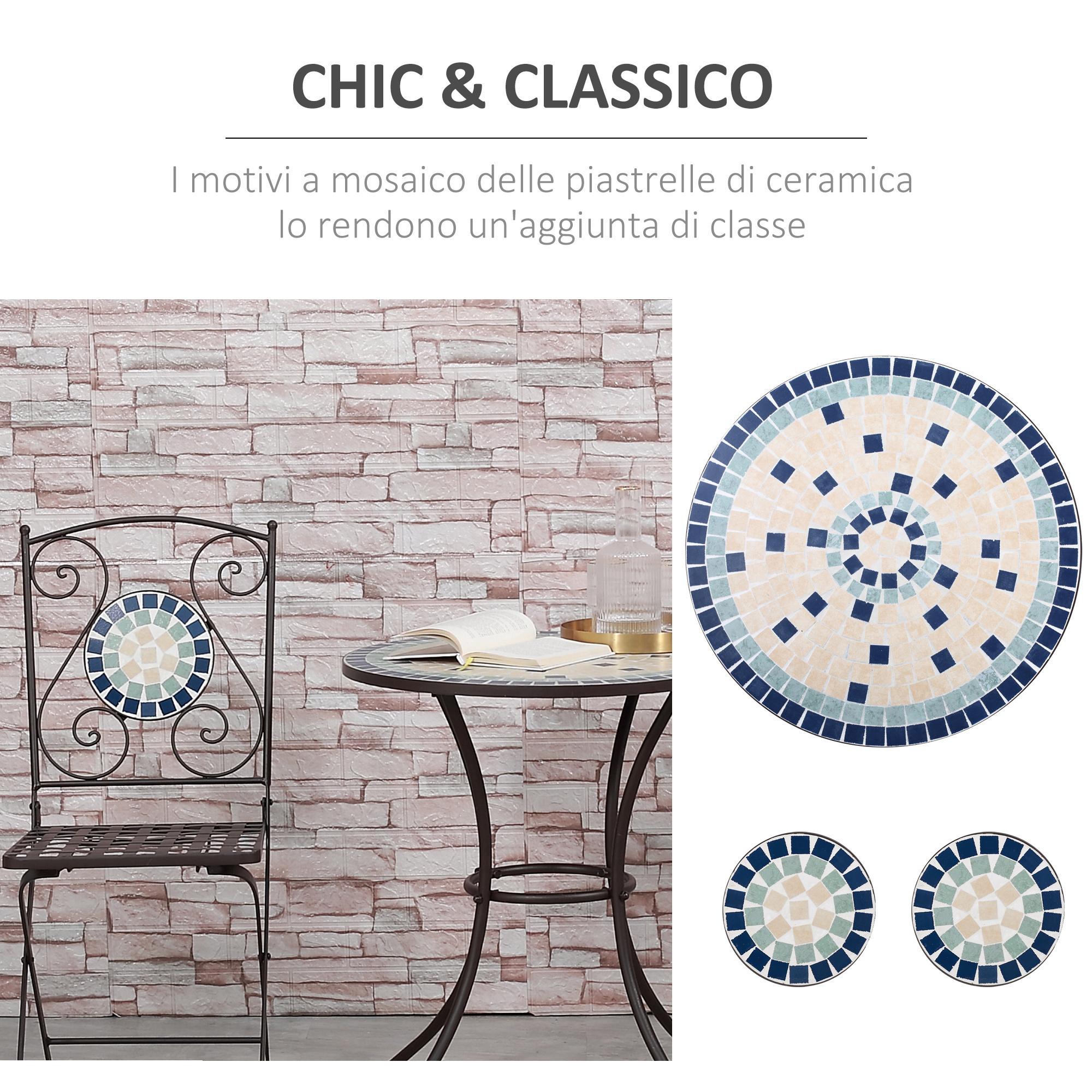 Set Tavolo e 2 Sedie Pieghevoli da Giardino  con Mosaico in Metallo Nero