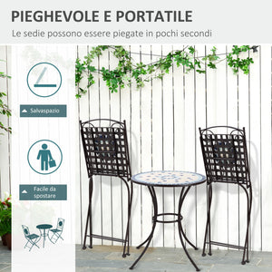 Set Tavolo e 2 Sedie Pieghevoli da Giardino  con Mosaico in Metallo Nero