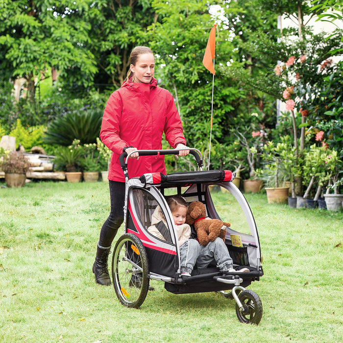 Passeggino Rimorchio da Bicicletta per 2 Bambini in Acciaio e Tessuto Oxford Rosso