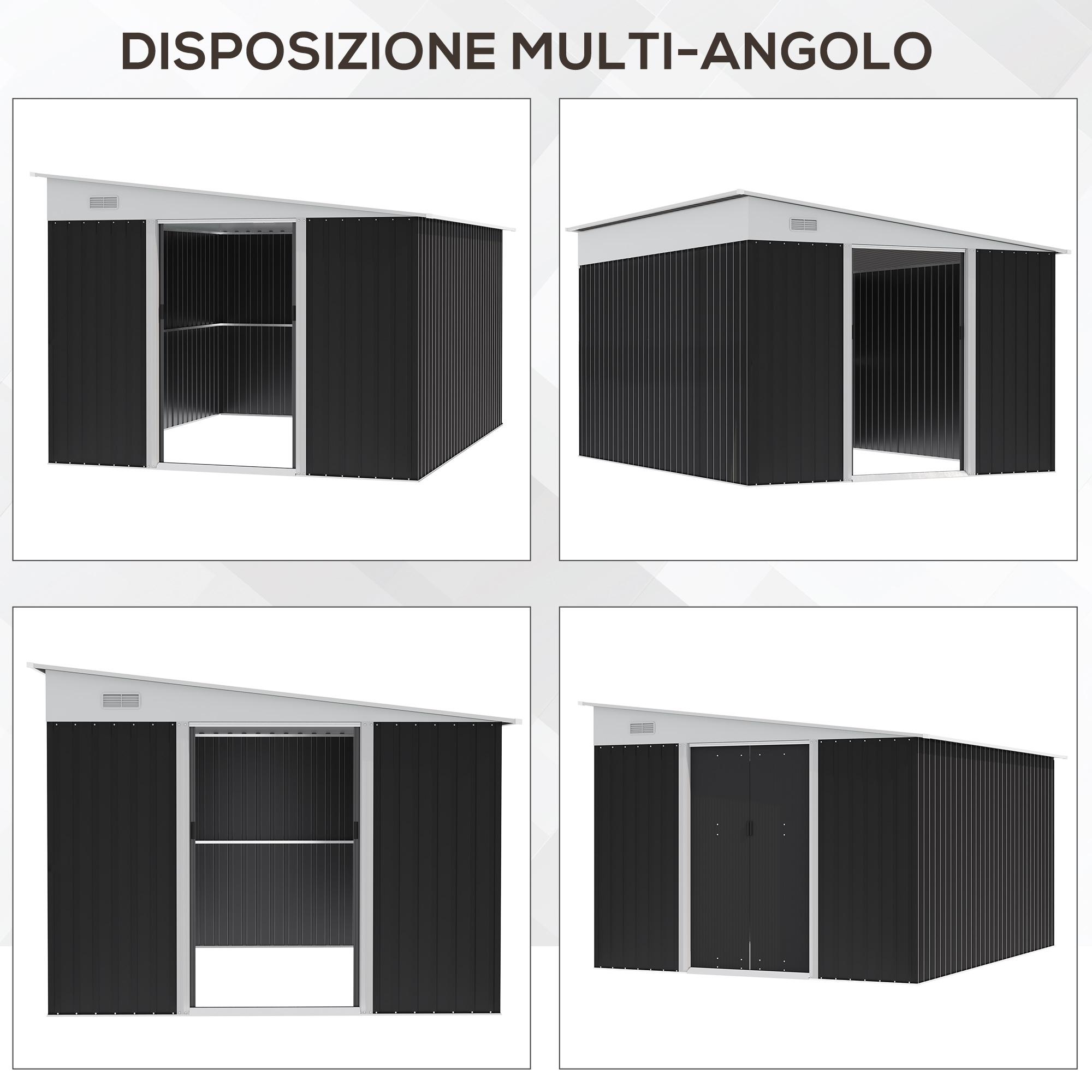 Casetta Box da Giardino 345x280,5x169-201 cm Porta Scorrevole in Acciaio Nero