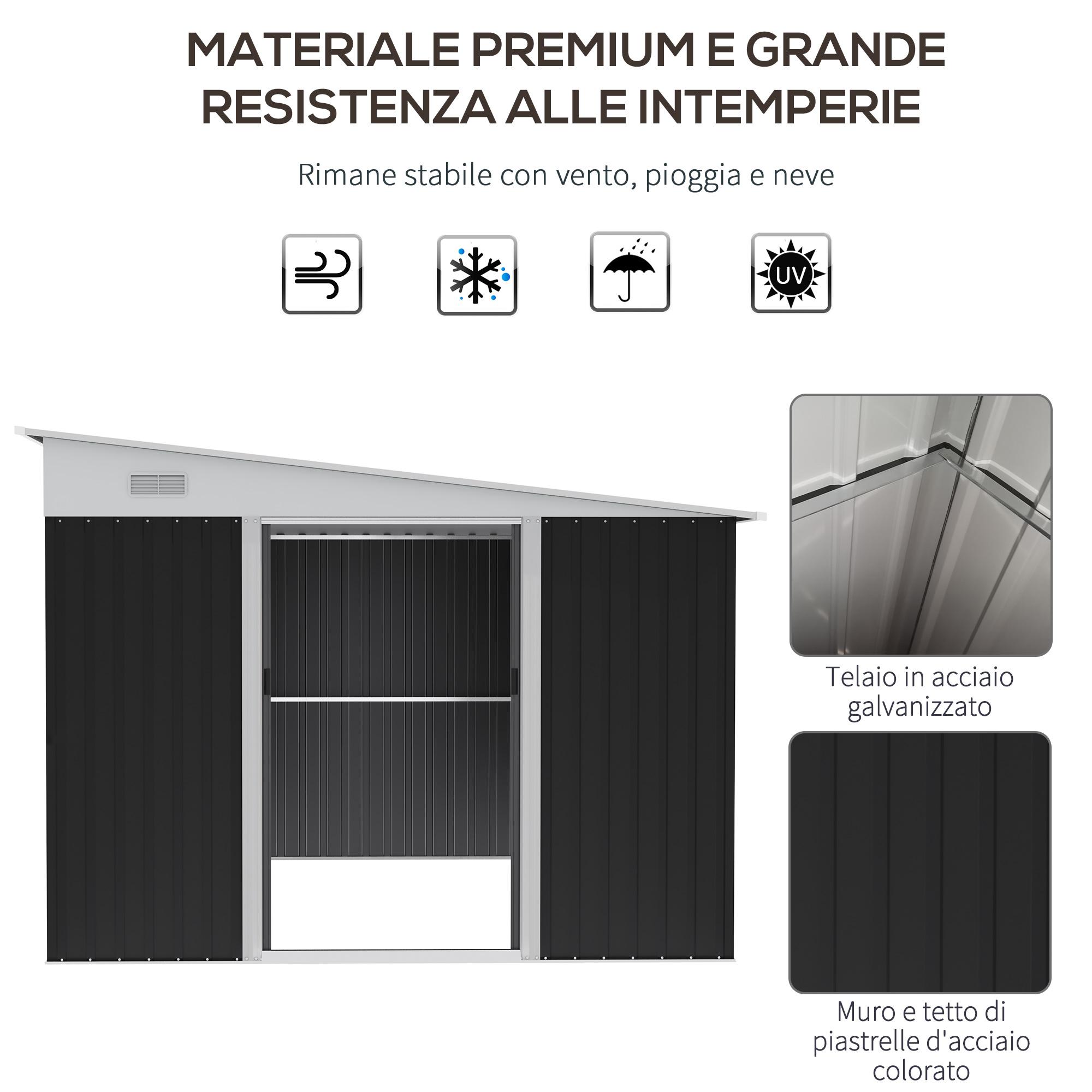 Casetta Box da Giardino 345x280,5x169-201 cm Porta Scorrevole in Acciaio Nero