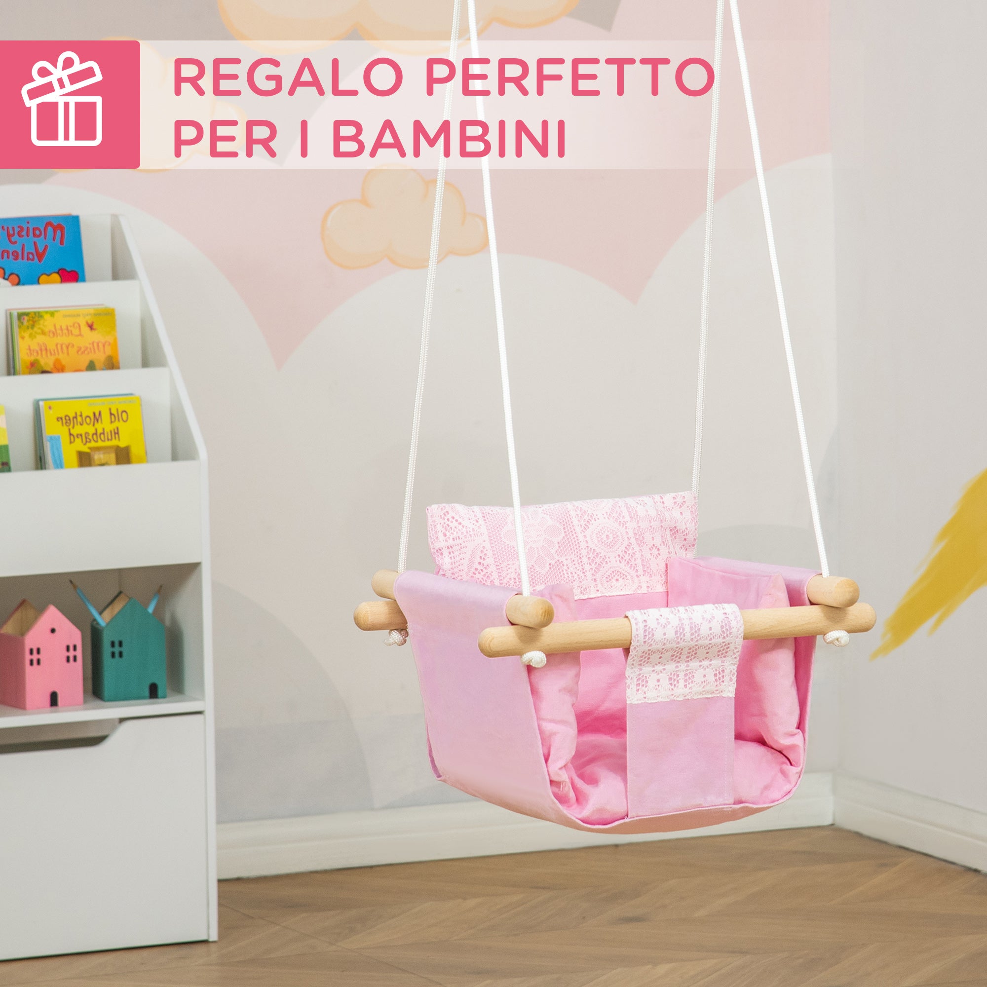 Seggiolino Altalena per Bambini 40x40x180 cm in Legno e Tessuto Rosa