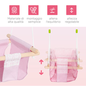 Seggiolino Altalena per Bambini 40x40x180 cm in Legno e Tessuto Rosa