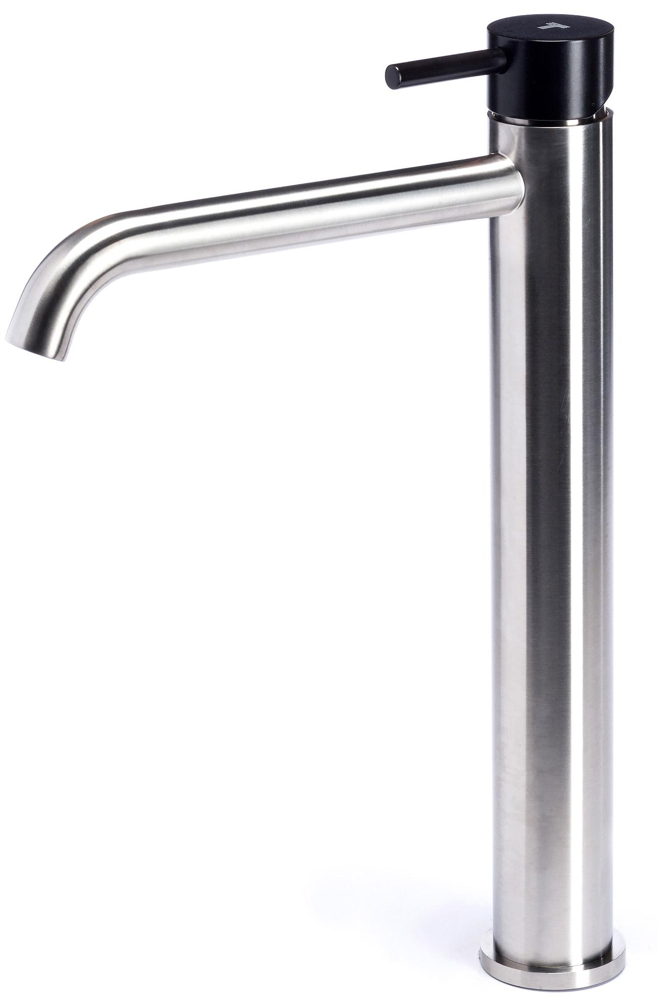 Rubinetto Miscelatore Monocomando Lavabo Alto in Acciaio Inox Satinato Maniglia Carbone