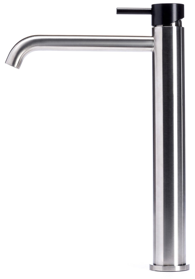 Rubinetto Miscelatore Monocomando Lavabo Alto in Acciaio Inox Satinato Maniglia Carbone