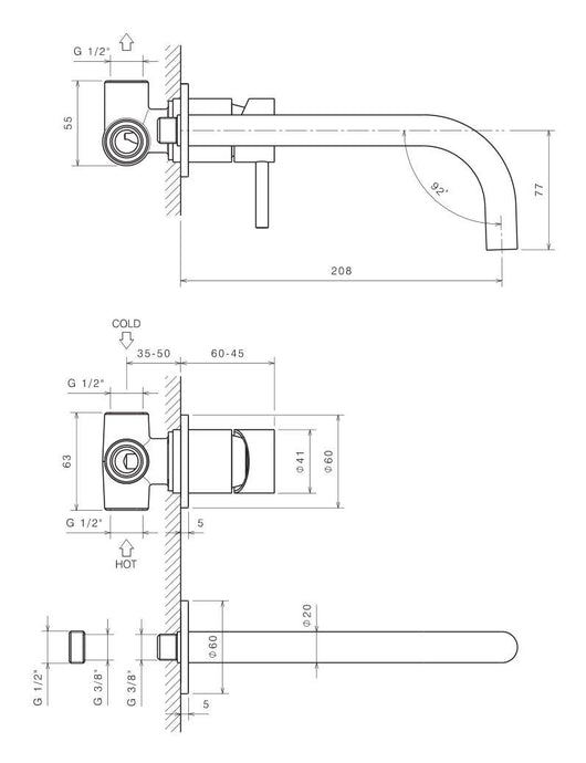 Rubinetto Miscelatore Monocomando Lavabo da Parete in Acciaio Inox Maniglia Perla