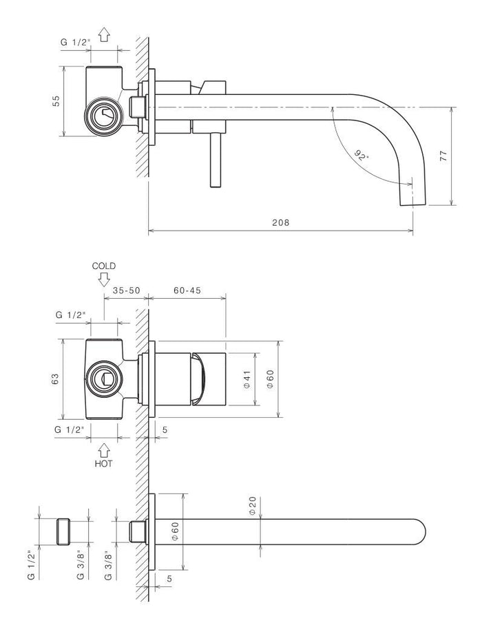 Rubinetto Miscelatore Monocomando Lavabo da Parete in Acciaio Inox Maniglia Perla