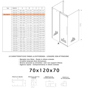 Box Doccia 3 Lati 70x120x70 cm 1 Anta Scorrevole in Cristallo Trasparente 8mm H195 Bonussi Alina