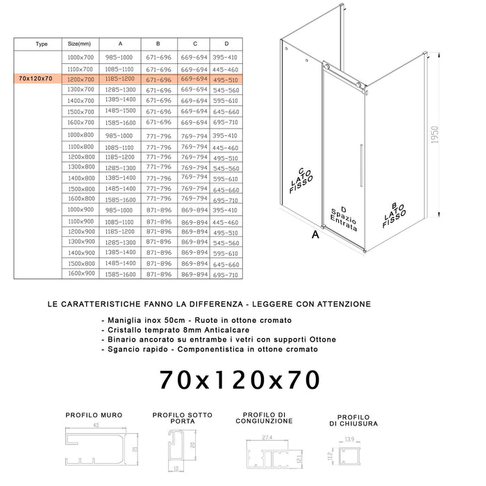 Box Doccia 3 Lati 70x120x70 cm 1 Anta Scorrevole in Cristallo Trasparente 8mm H195 Bonussi Alina