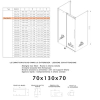 Box Doccia 3 Lati 70x130x70 cm 1 Anta Scorrevole in Cristallo Trasparente 8mm H195 Bonussi Alina