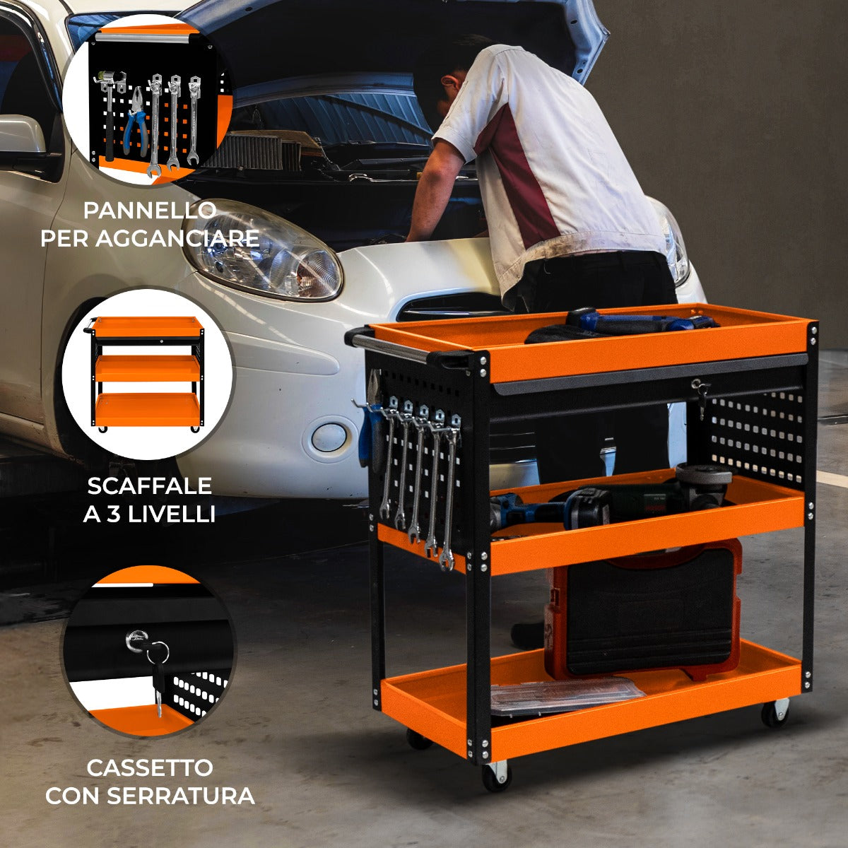 Carrello portautensili a 3 livelli con cassetto con serratura e ruote per officine e garage